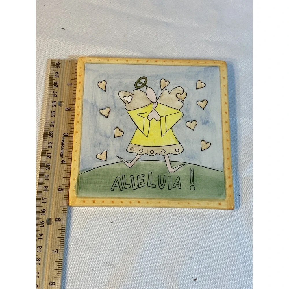 ceramic wall decor tile hand painted angel alleluia 5.5 X 5.5 inches‎